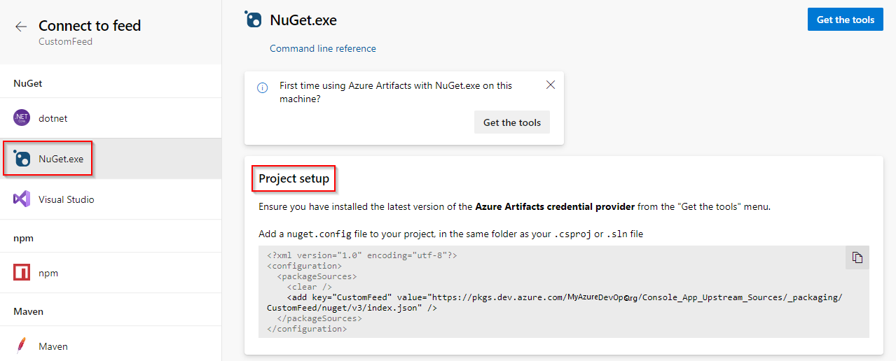 Schermopname die laat zien hoe u verbinding maakt met NuGet-feeds.