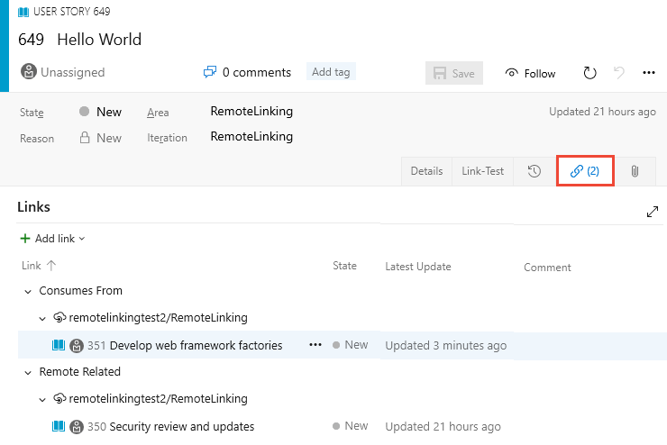 Schermopname van het formulier Gebruikersverhaal, tabblad Koppeling, met twee externe koppelingen.