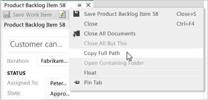 Schermopname van het kopiëren van een hyperlink naar het volledige pad voor een werkitem vanuit Visual Studio.