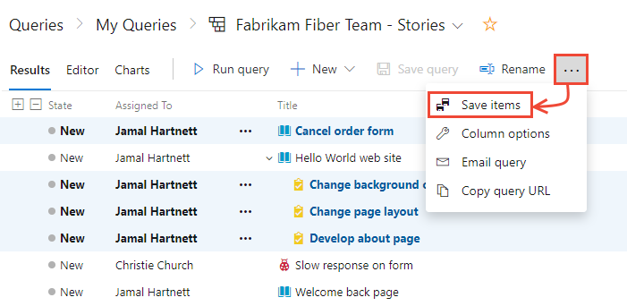 Schermopname van de pagina Queryresultaten met Items opslaan geselecteerd.