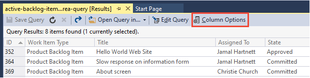 Schermopname van Queryresultaten, Visual Studio, kolomopties openen.