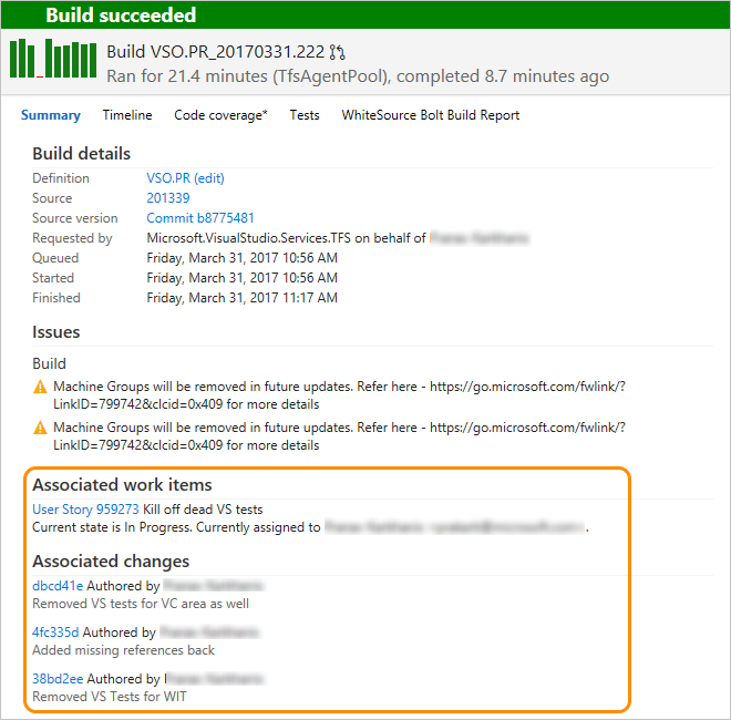 Gekoppelde werkitems die worden vermeld onder Gekoppelde werkitems op de overzichtspagina van de build.