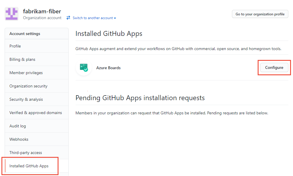 Schermopname van het geopende Organisatie-account, Geïnstalleerde GitHub-apps, Azure Boards, Configureren.