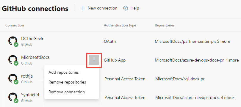 Schermopname van het gitHub-verbindingsmenu van Meer opties.