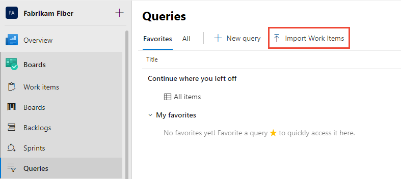 Schermopname van de pagina Borden met Query's en vervolgens Werkitems importeren geselecteerd.