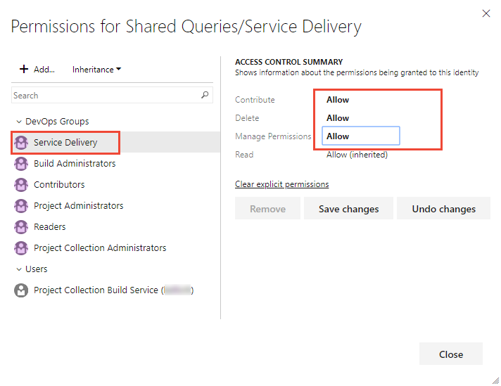 Schermafbeelding van het dialoogvenster Machtigingen voor een querymap, Azure DevOps Server 2019.