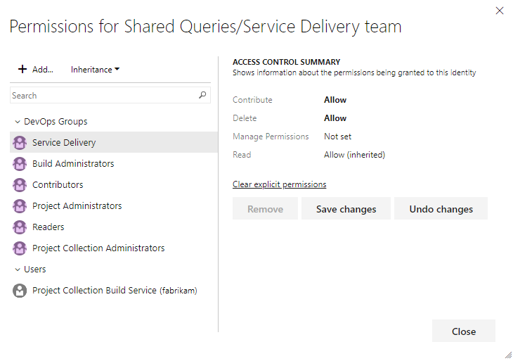 Schermopname van het dialoogvenster Machtigingen voor een querymap, Azure DevOps Server 2022 en eerdere versies.