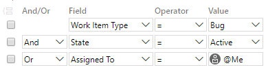 Schermopname van een groepscomponentquery. Filters worden ingesteld voor het veld Werkitemtype en het veld Staat of het veld Toegewezen aan.