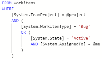 Schermopname van een logische expressie. Een OR-operator koppelt het type Werkitem aan zowel de staat als de velden Toegewezen aan, die zijn gekoppeld door een AND-operator.