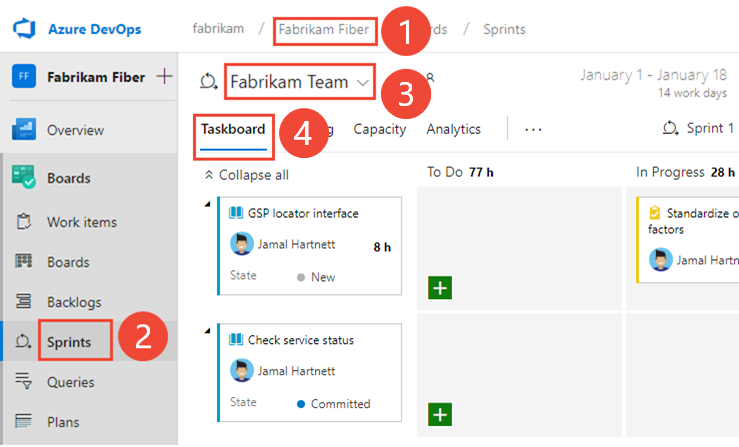 Schermopname van het openen van het sprint taskboard voor een team.