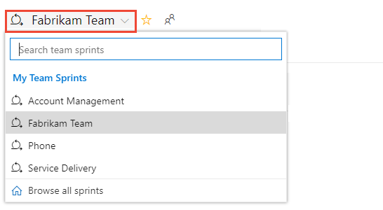 Schermopname van de optie om een ander team in Azure Boards te selecteren.