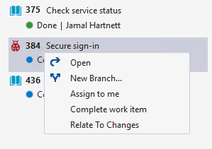 Schermopname van Visual Studio 2019, Team Explorer, Werkitems, contextmenu met opties.