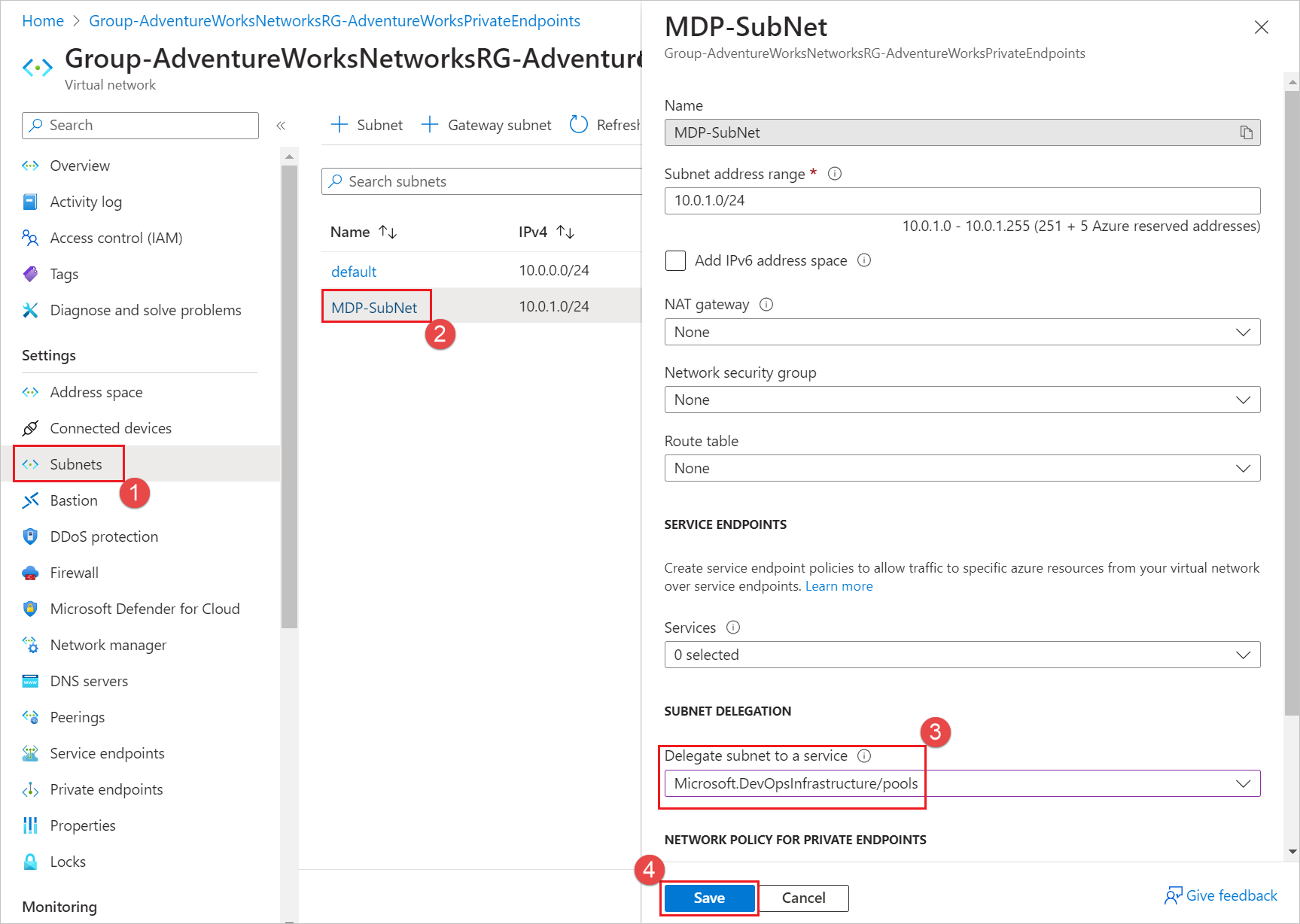 Schermopname van het configureren van de subnetdelegering.