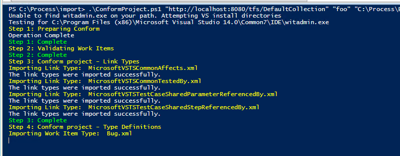 Schermopname van het projectproces conformeren in PowerShell.