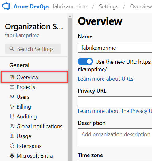 Schermopname van de knop Overzicht gemarkeerd in Azure DevOps.