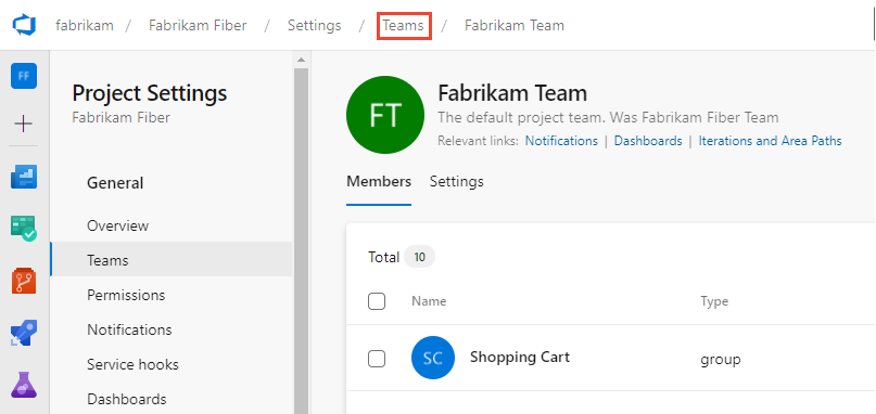 Schermopname van Project Settings>Teams Team>en Teams breadcrumb.