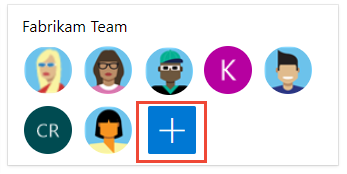 Schermopname van de widget Teamleden die is toegevoegd aan een dashboard, pluspictogram.