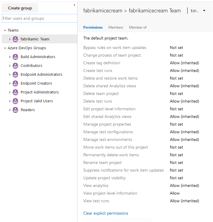 Schermopname van groepen en machtigingen op projectniveau, Azure DevOps current.