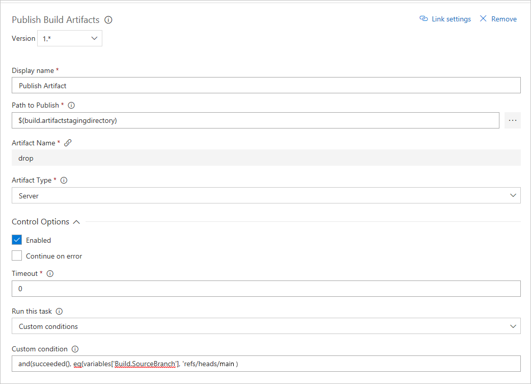 Een schermopname die laat zien hoe u een aangepaste voorwaarde toevoegt aan de taak buildartefacten publiceren.