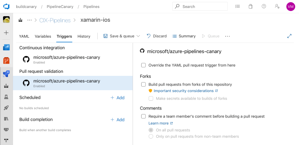 Schermopname van de fork-buildbeveiligingsinterface in Azure DevOps Server 2020 en lager.