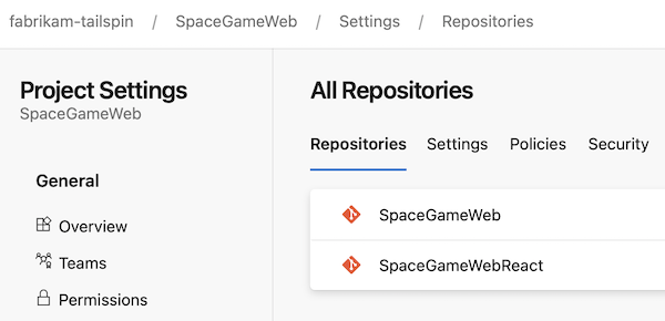 Schermopname van de structuur van de SpaceGameWeb-opslagplaats.