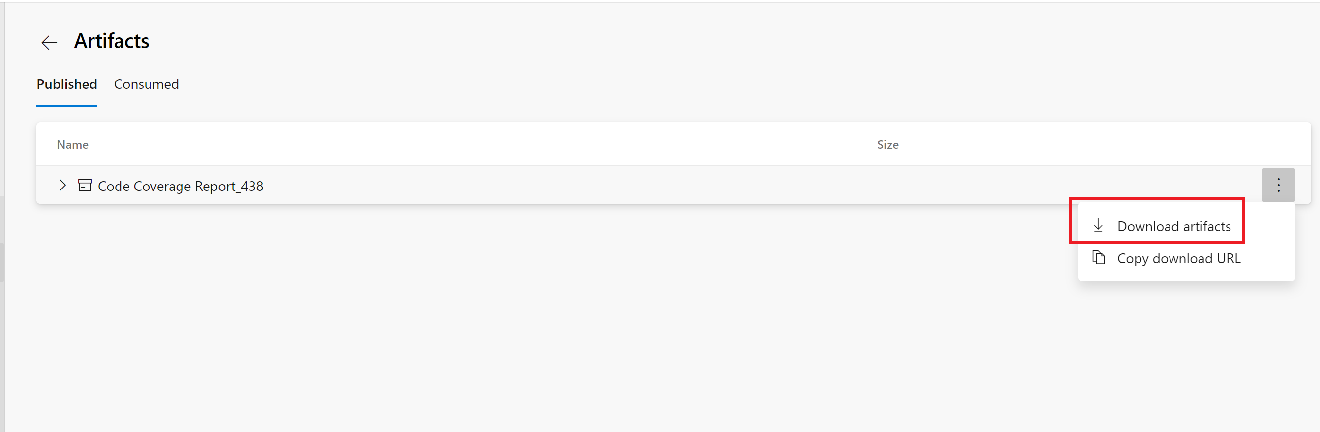 Schermopname van de koppeling Artefacten downloaden voor het codedekkingsrapport onder Artefacten.