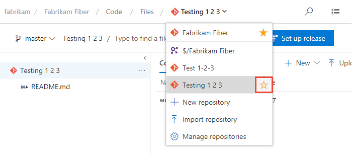 Schermopname toont de pagina Code, opslagplaatskiezer, pictogram Favorieten kiezen.