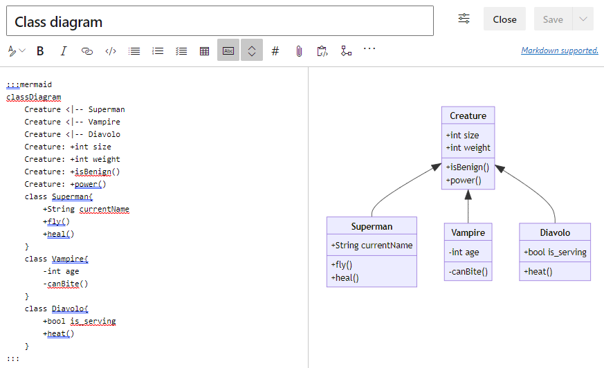 Schermopname van de Mermaid Live Editor met code en preview voor class-diagram.