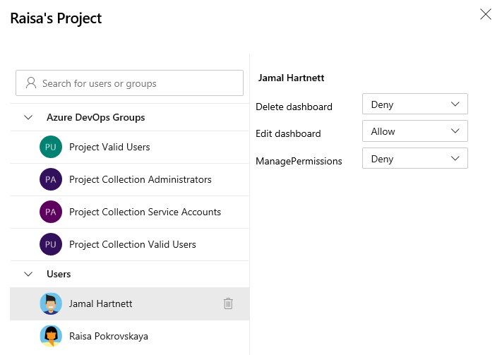 Dialoogvenster Machtigingen voor projectdashboards.