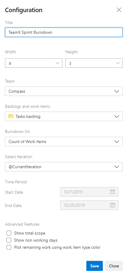 Schermopname van het dialoogvenster Configuratie van de Sprint Burndown-widget.