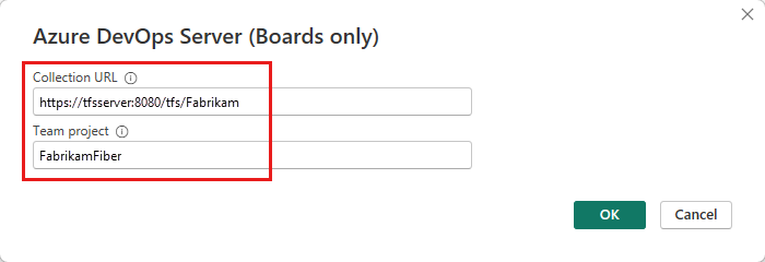 Schermopname van het dialoogvenster Azure DevOps Server waarin u uw URL en project kunt invoeren.