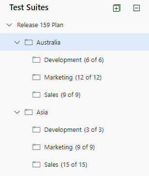 Schermopname van de structuur van het Power BI-testplan voor een samengevoegde weergave.