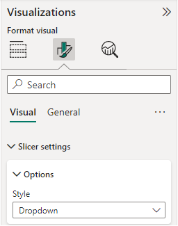 Schermopname van het deelvenster Visualisaties, slicer, instellingenopties, vervolgkeuzelijst geselecteerd. 