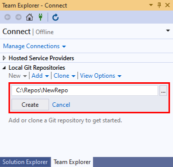 Schermopname van het pad naar de nieuwe opslagplaats en de knop Maken in de sectie Lokale Git-opslagplaatsen van de weergave Verbinding maken van Team Explorer in Visual Studio 2019.