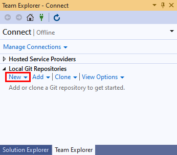 Schermopname van de optie nieuwe opslagplaats in de sectie Lokale Git-opslagplaatsen van de weergave Verbinding maken van Team Explorer in Visual Studio 2019.