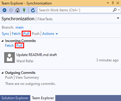 Schermopname van de pull-koppeling in de synchronisatieweergave van Team Explorer in Visual Studio 2019.