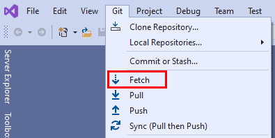 Schermopname van de optie Ophalen in het Git-menu in Visual Studio 2019.