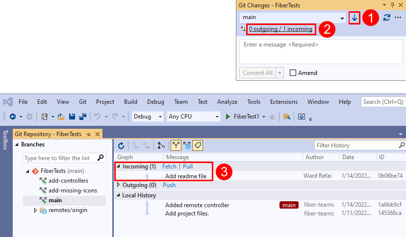 Schermopname van de knoppen Ophalen, Ophalen, Pushen en Synchroniseren in het venster 'Git Changes' van Visual Studio.