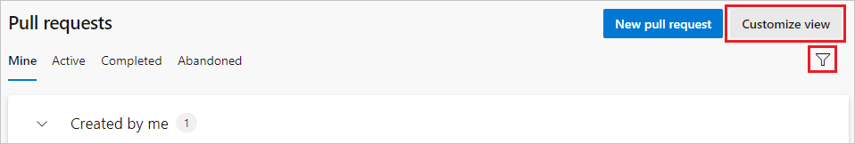 Schermopname met de knop Weergave aanpassen op de pagina Pull-aanvragen.