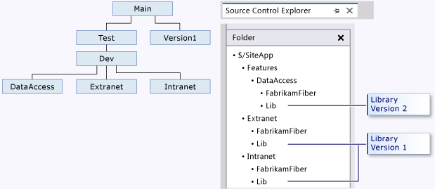 Diagram met een bibliotheekmap binnen een vertakkingsstructuur.