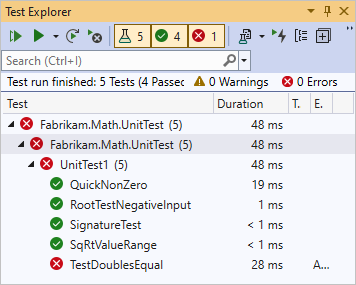 Schermopname van Unit Test Explorer met een mislukte test voor gelijk.