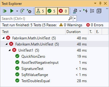 Schermopname van Unit Test Explorer met geslaagde test voor gelijk.