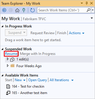 Schermopname van de koppeling Hervatten op de pagina Mijn werk van Team Explorer.