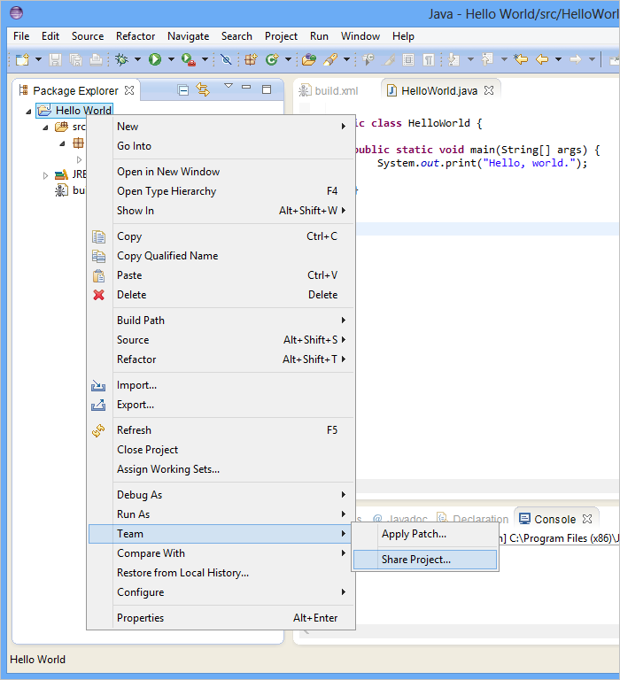 In Package Explorer, het contextmenu van het project, Team, Project delen