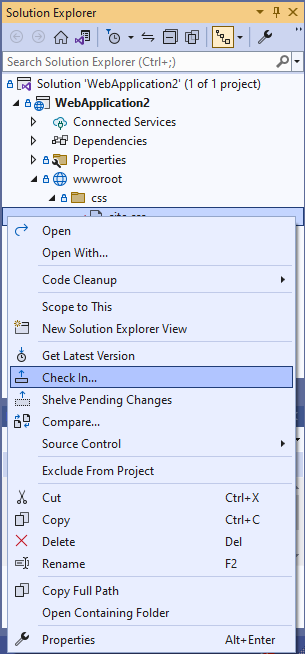 Schermopname van de optie Inchecken in het contextmenu van Solution Explorer.