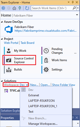 Schermopname van Team Explorer, waar u Broncodebeheerverkenner of Werkruimten beheren kunt selecteren.
