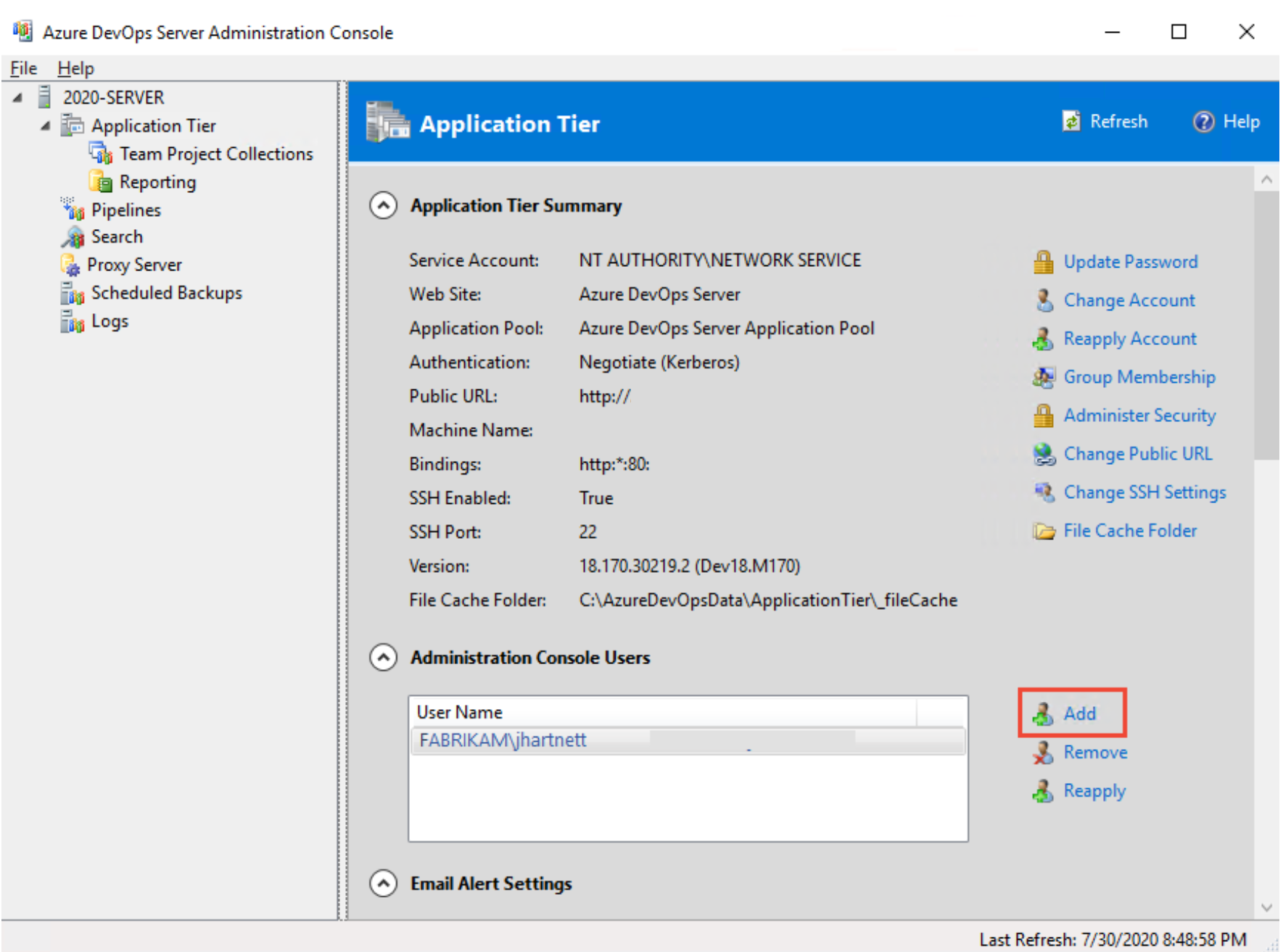 Screenshot of the 2020 Server Administration Console with the Add option highlighted.