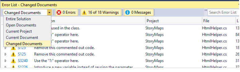 Visual Studio error list filtering governed by modified files