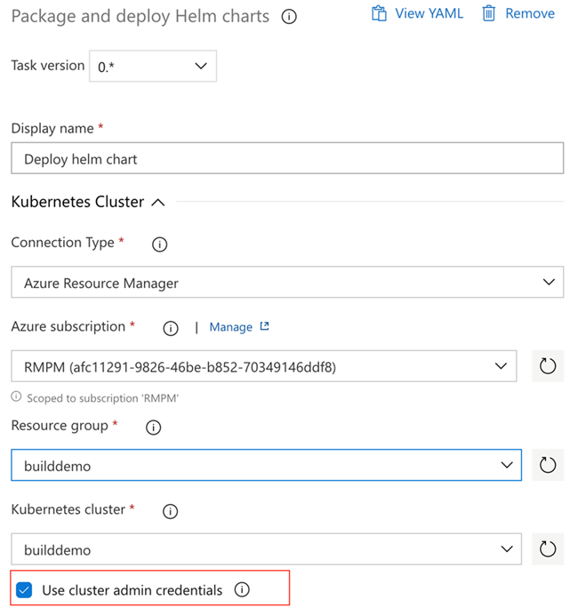 Screenshot of Package and deploy Helm charts showing the use cluster admin credentials checkbox.