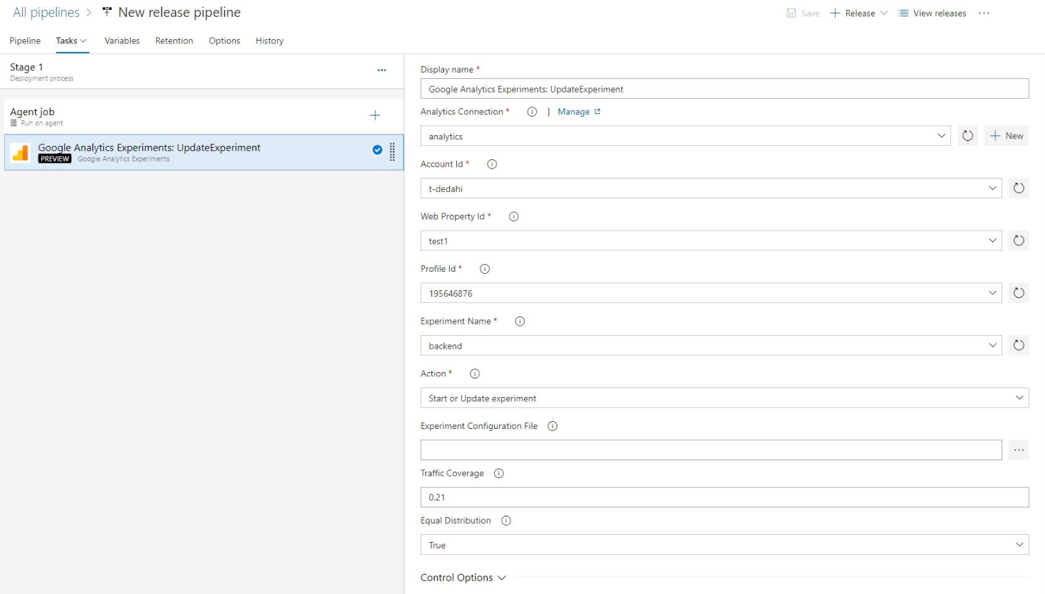 Screenshot showing the Google Analytics Experiments task.